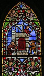 Okno przedstawiające budowę wieży Babel, ok.1325 autorstwa French School